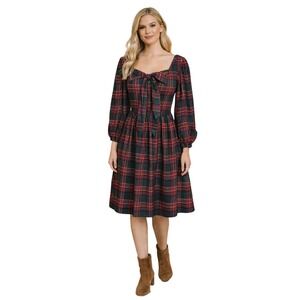 Ivy City Co Plaid Holiday Dress XS Modest Long Sleeve Cotton Bow Waist